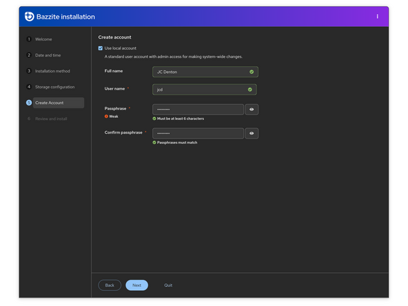 Leave the "Use local account" checked and set the name, username, and password for the first user account with admin privileges.