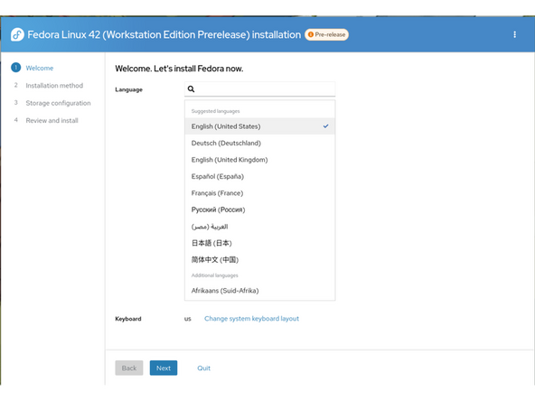 Select the keyboard language you'd like to use.  On the next screen, click on the Installation Destination button to choose the disk.  Note that you can install Fedora onto a USB drive or a Storage Expansion Card as an alternative to installing it onto your internal drive.