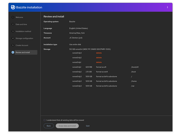 Review the information on the summary screen. This is the last chance to go back and make any changes to things like storage configuration.