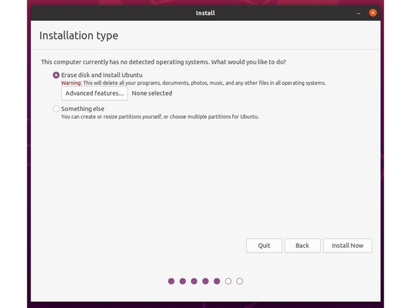 Next we’ll choose the installation type. Erase everything is the correct choice for users with a new Framework Laptop 16 (AMD Ryzen™ 7040 Series) looking to use the entire hard drive for Ubuntu.