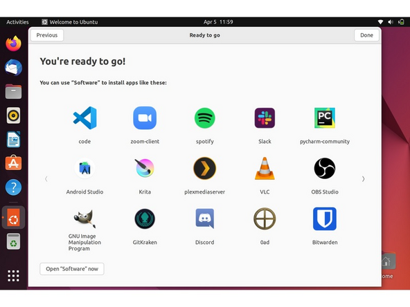 Continue making your preferred selections through the Privacy page until you arrive at  the &quot;You're ready to go&quot; screen.I recommend not installing software at this stage, instead clicking the Done button on the window.
