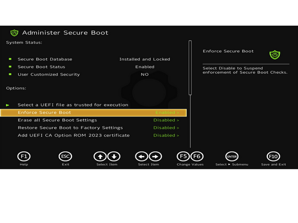 To disable secure boot: