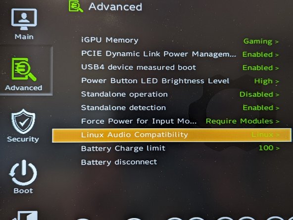 Before we begin the installation process with the Live USB, let's make sure you have your Linux Audio Compatibility set to Linux in the BIOS. Explanation as to what this does can be found here.