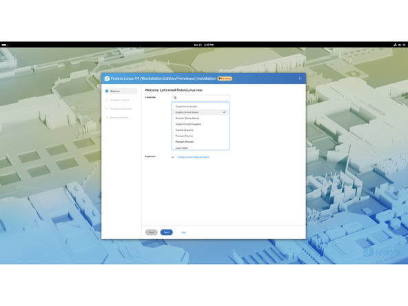 Select the keyboard language you'd like to use.  On the next screen, click on the Installation Destination button to choose the disk.  Note that you can install Fedora onto a USB drive or a Storage Expansion Card as an alternative to installing it onto your internal drive.