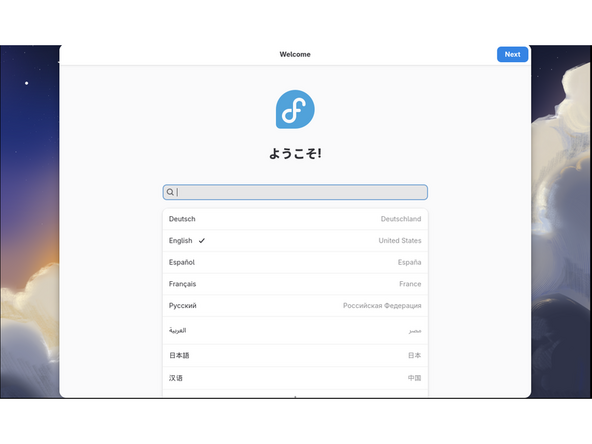 Click on preferred language, again for your preferred keyboard. This begins the process of completing the initial setup of your Fedora installation.