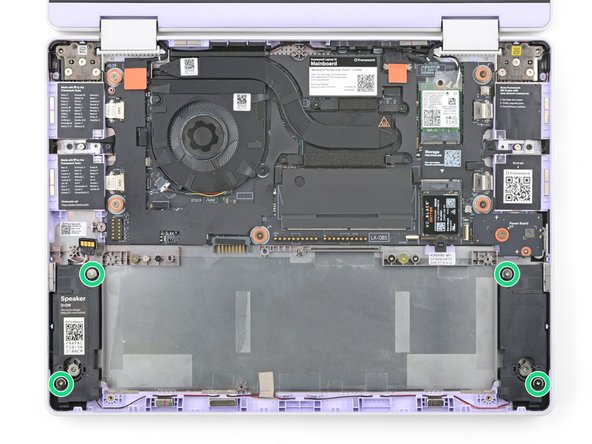 Use your Framework Screwdriver to tighten the four captive T5 Torx screws to secure the speakers.