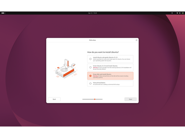 Disk setup:  Select "Erase disk and install Ubuntu" for a clean install. Warning: this wipes all data and partitions on the target drive. Other options: install alongside an existing OS, erase only an existing Ubuntu install, or manual partitioning. Click Next.