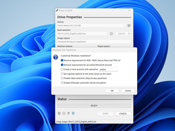 You can keep the rest of the settings as the defaults.  Click START.  You’ll get a screen that says “Windows User Experience”.  You can keep those settings as the defaults also, and click OK.  You can also adjust the settings if you’d like at this screen, but make sure Remove requirement for an online Microsoft account remains selected.