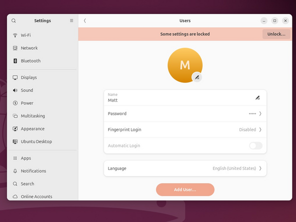 Let's setup fingerprint login. Click on the horizontal bar in the upper left, search for user.