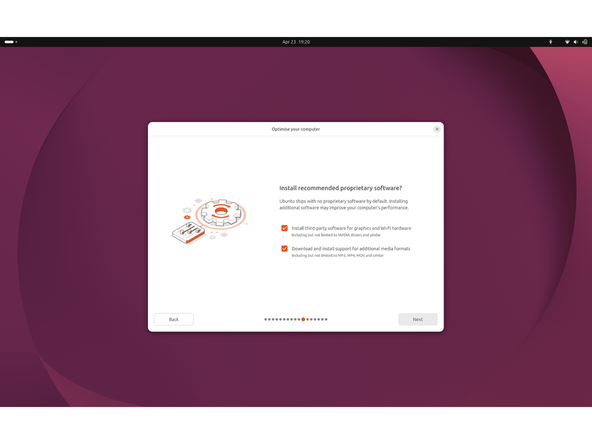 Optimize your computer:  Check "Install third-party software for graphics and Wi-Fi hardware." Check "Download and install support for additional media formats" for MP3, MP4, MOV, and similar. Click Next.