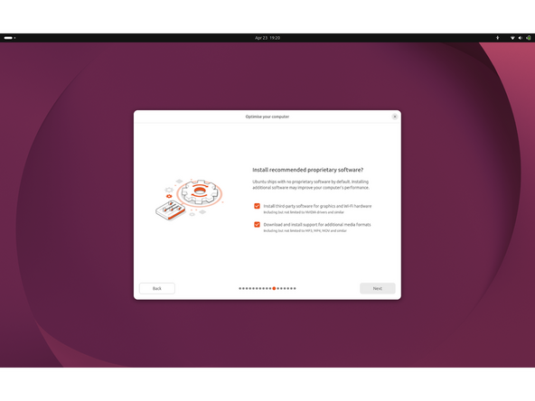 Optimize your computer:  Check "Install third-party software for graphics and Wi-Fi hardware." Check "Download and install support for additional media formats" for MP3, MP4, MOV, and similar. Click Next.