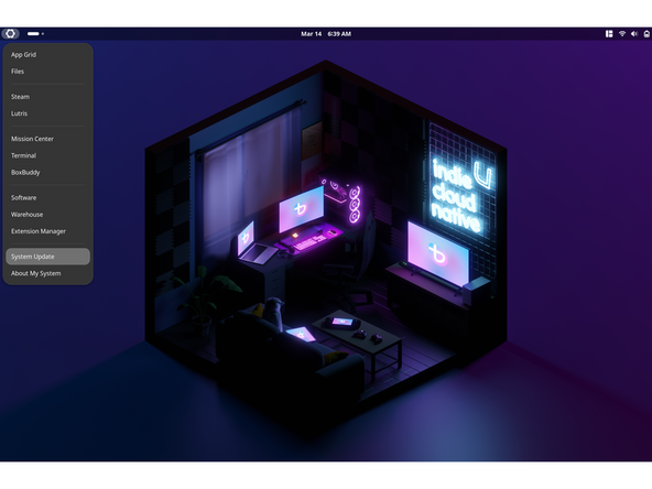 Updates are completely automatic. However, should you wish to run them manually, you can do so from the Framework icon you see in your upper left corner, select System Update.