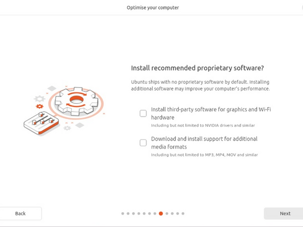 While connected to your network, select Normal installation, Download updates while installing Ubuntu and Install third party software, then press continue. This process may take a few minutes and appear to idle a bit, then the next screen appears - installation type.