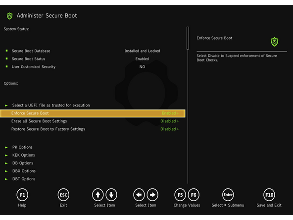 To disable secure boot: