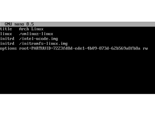 Now that the bootloader is installed and configured, the file arch.conf for the default boot entry that was set earlier. This file can be created by running the command: nano /boot/loader/entries/arch.conf