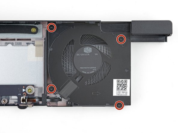 Use your Framework Screwdriver to tighten the four captive Torx T5 screws securing the fan.