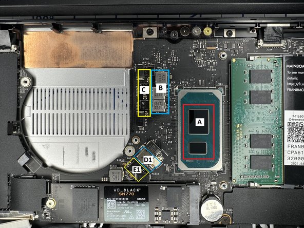 Following the Thermal Pad assignments from the previous step, gently move the Thermal Pads from the Heatsink to the Mainboard using the Spudger from your Framework Screwdriver to peel them up. Be careful not to damage the Thermal Pads as you peel them up.