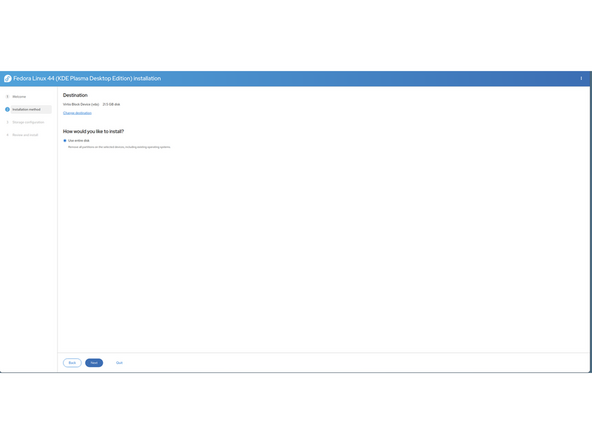 Select your language, click next. Next, click Install to hard drive. A screen will pop up and disappear. Then you will be presented with how you would like to install. We recommend entire disk for most users. This will erase all other data on that drive.