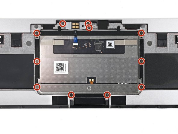 Use the grey screws labeled "M1.4 1.8mm fastener with a 4.0mm diameter 0.4mm thick PH0 head" to secure the Fingerprint Reader and the bottom of the Touchpad.