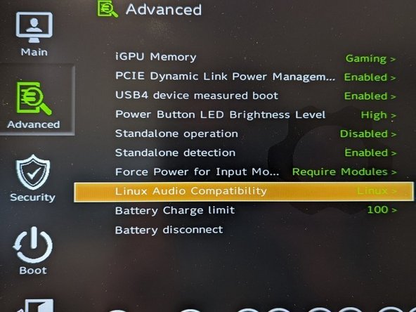 Before we begin the installation process with the Live USB, let's make sure you have your Linux Audio Compatibility set to Linux in the BIOS. Explanation as to what this does can be found here.