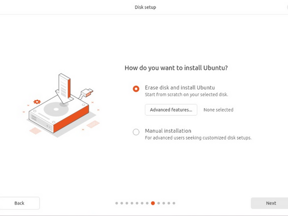 Next we’ll choose the installation type. Erase everything is the correct choice for users with a new DIY Framework Laptop 12 looking to use the entire hard drive for Ubuntu.