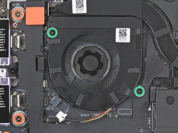 Use your Framework Screwdriver to tighten the two captive T5 Torx screws to secure the fan.