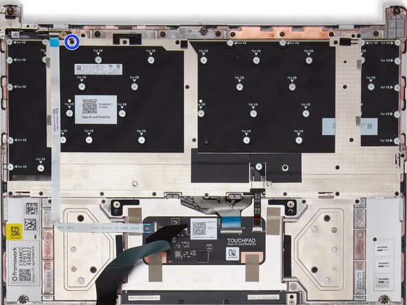 The 25 black fasteners (one is circled in blue in the second image) hold the Keyboard Bracket.  These are M1.2 1.3mm with a PH0 head which is 3.2mm in diameter and 0.3mm thick.  There is a spare in the Bottom Cover to the lower left of the battery connector.  These are also used for the Expansion Card brackets in the Bottom Cover.