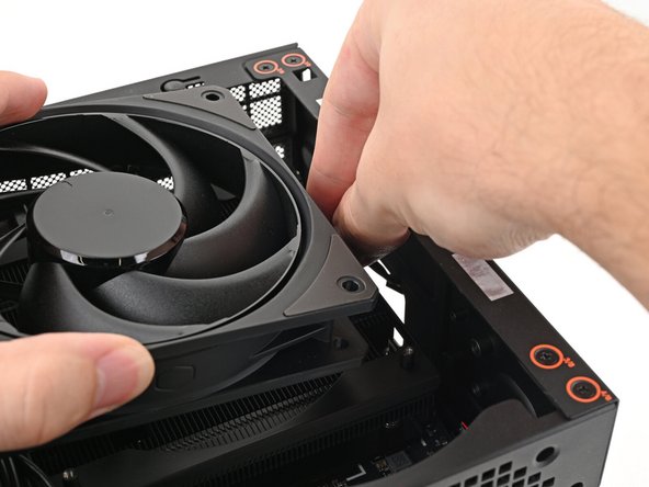 If you're installing an RGB fan, make sure the &quot;male&quot; end of the RGB cable is covered and set aside in the corner of the chassis.