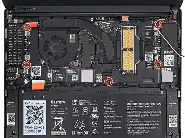 Use your Framework Screwdriver to install the five 1.5 mm‑long T5 Torx screws securing the Mainboard.