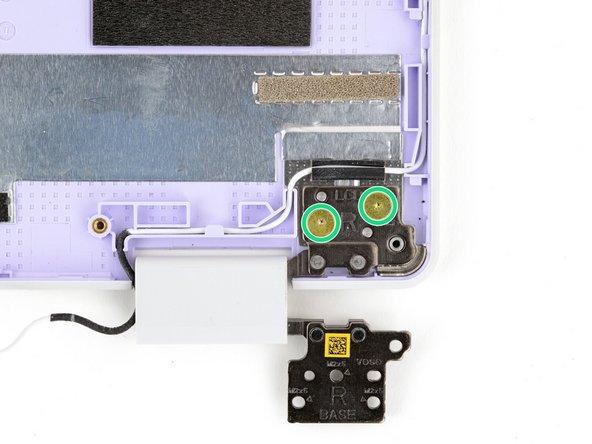 Use the gold screws labeled "M2 2.0mm fastener with a 6.0mm diameter 0.5mm thick T5 head" to secure the hinges to the Top Cover.