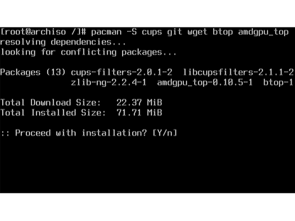 Arch Linux is a very barebones system and does not come with some packages included as part of the base system. To add some of these tools to the system, run the command: pacman -S cups git wget btop amdgpu_top
