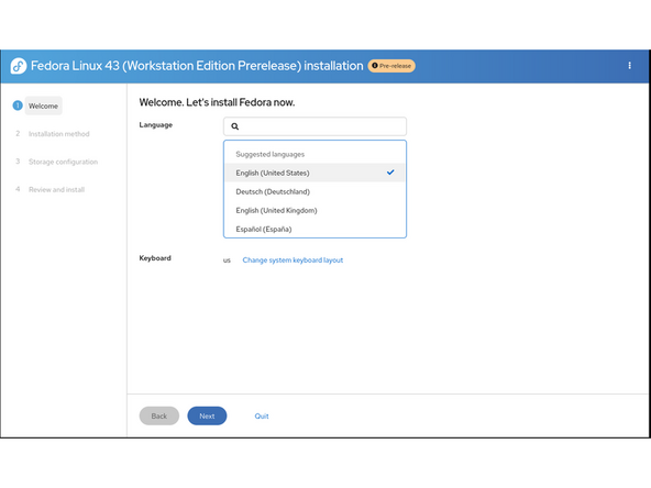 Select the keyboard language you'd like to use.  On the next screen, click on the Installation Destination button to choose the disk.  Note that you can install Fedora onto a USB drive or a Storage Expansion Card as an alternative to installing it onto your internal drive.