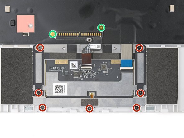 Use the grey screws labeled "M1.6 1.5mm fastener with a 5.5mm diameter 0.6mm thick T5 head" to secure the Touchpad.