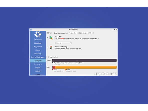 The next option is to choose your partition setup. For most people, the desired choice will be to erase disk. Advanced users, may instead elect for manual partitioning.