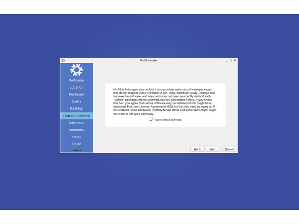 Next you will be asked if you would like to have access to non-free software. This is recommended for most users, but if you understand it can affect access to proprietary blobs and related, you can elect to not choose it.