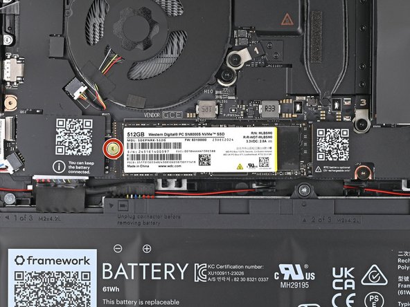Use your Framework Screwdriver to remove the 3.0 mm‑long T5 Torx screw securing the SSD.