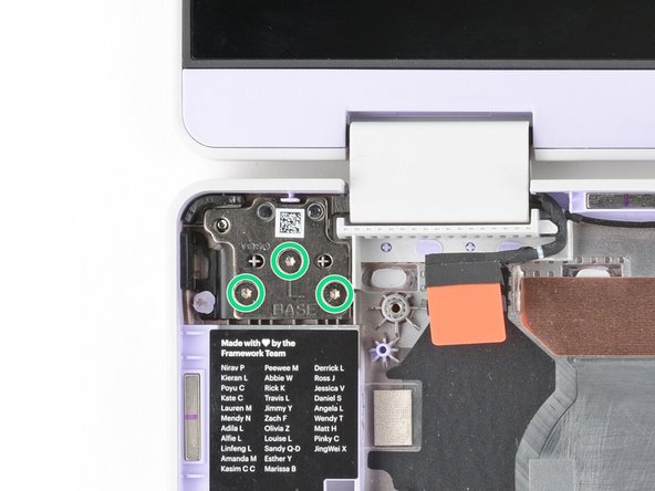 Use your Framework Screwdriver to install the six 4.5 mm‑long T5 Torx screws securing the two hinges.