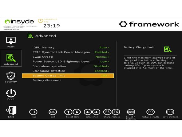 Navigate to the &quot;Advanced&quot; tab on the left and go down to the option that says &quot;Battery Charge Limit&quot;.