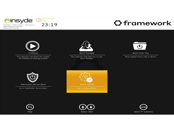 Using the Arrow Keys, navigate to &quot;Setup Utility&quot; and press &quot;Enter&quot;.