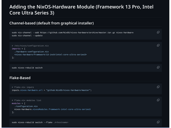Framework hardware quirks and fixes for NixOS are maintained in the nixos-hardware project, which isn't part of NixOS by default. Add the module for your CPU generation.