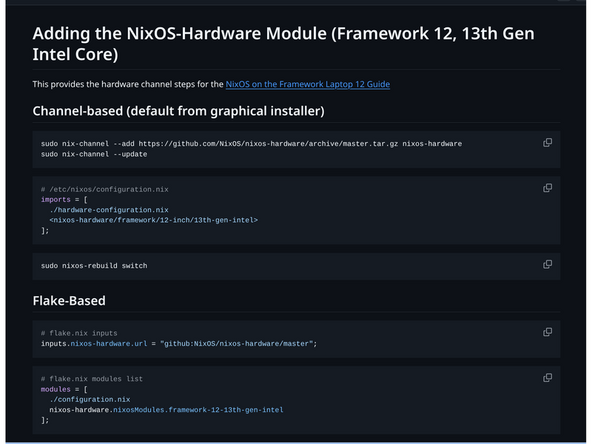 Framework hardware quirks and fixes for NixOS are maintained in the nixos-hardware project, which isn't part of NixOS by default. Add the module for your CPU generation.