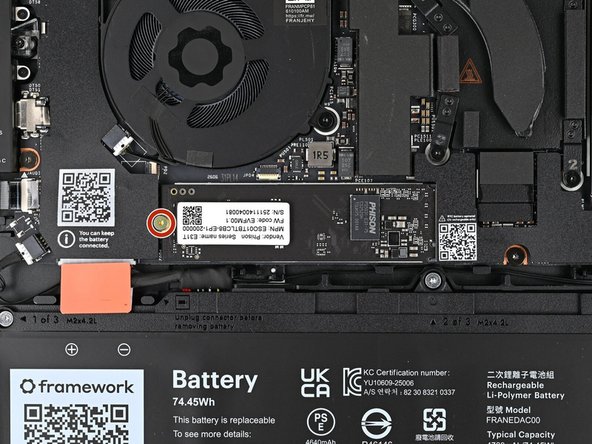 While holding the SSD flat to the Mainboard, use your Framework Screwdriver to install the 3.0 mm‑long T5 Torx screw securing the SSD.