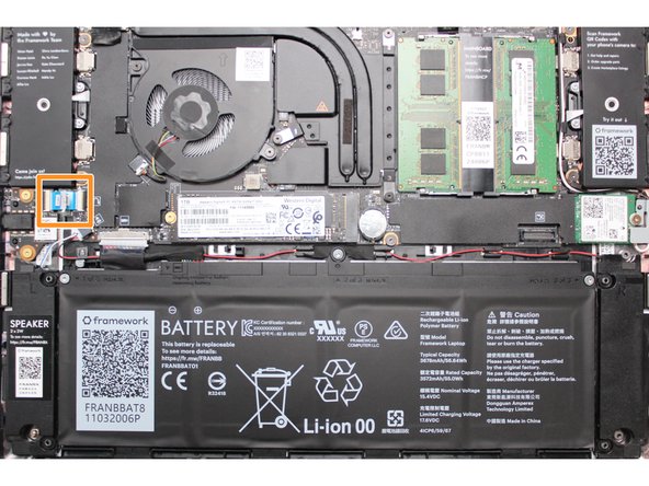 Disconnect the Audio Flex Cable from the Mainboard. Using your fingernail or the spudger end of the Framework Screwdriver flip up the black latch on the connector and then gently slide the cable out of the connector.