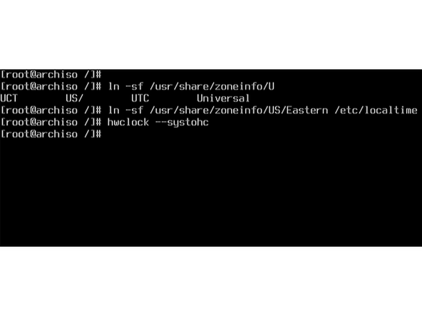 For the purposes of this guide, the US/Eastern timezone will be used as an example. Set the system's timezone to the United States' Eastern Time by running the command: ln -sf /usr/share/zoneinfo/America/New_York /etc/localtime