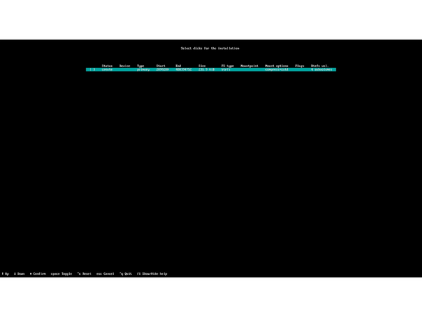 Select a disk for install by using the space bar to mark that disk with an X while its line is highlighted. Typically the disk should be the one with the path /dev/nvme0n1.