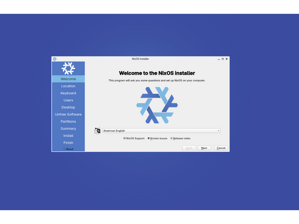 When the installer appears, you will be asked to connect to a network. Connect to wi-fi. It will cycle through the checking process again, then allow you to select your language and press the next button.