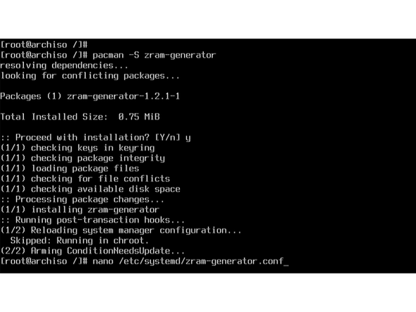 Swap is absolutely essential to maintaining good performance in a Linux system. Even when there is unused physical RAM, memory is often reallocated for the purposes of optimizing for system responsiveness. ZRAM compresses a section of RAM instead of using system storage for this purpose. Install it by running: pacman -S zram-generator