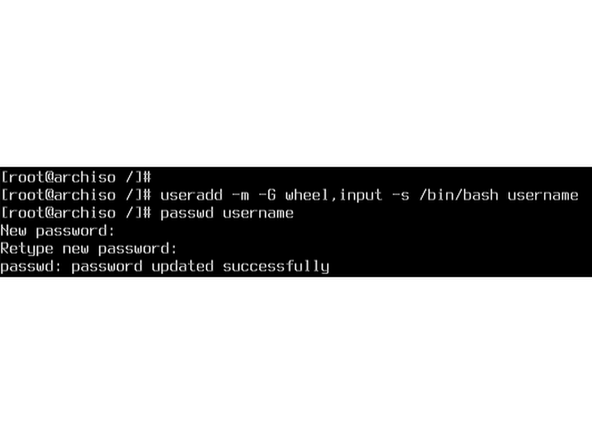 Create a new user with administrator privileges by running the command: useradd -m -G wheel,input -s /bin/bash username