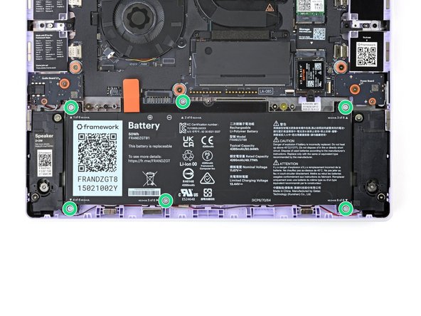 Use your Framework Screwdriver to loosen the six captive T5 Torx screws securing the battery.