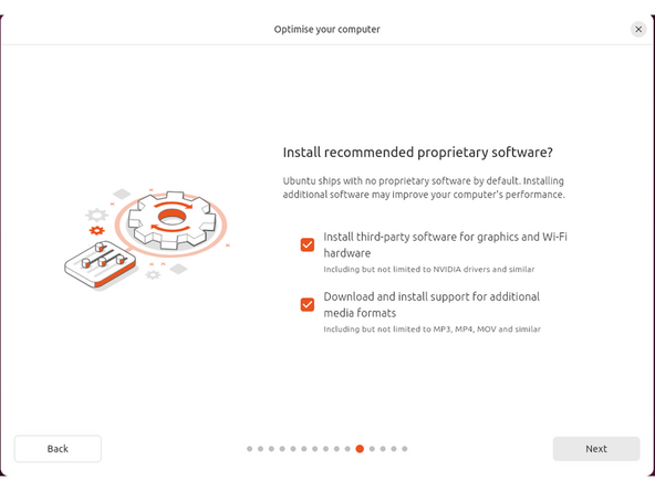 While connected to your network, select Normal installation, Download updates while installing Ubuntu and Install third party software, then press continue. This process may take a few minutes and appear to idle a bit, then the next screen appears - installation type.